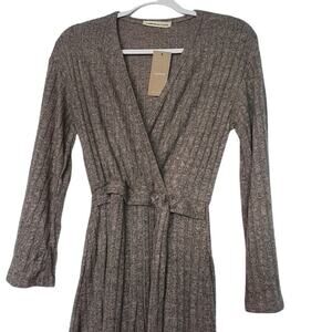 Livana Ribbed Knit Wrap Maxi Dress Brown Long Sleeve Belted Women S NWT